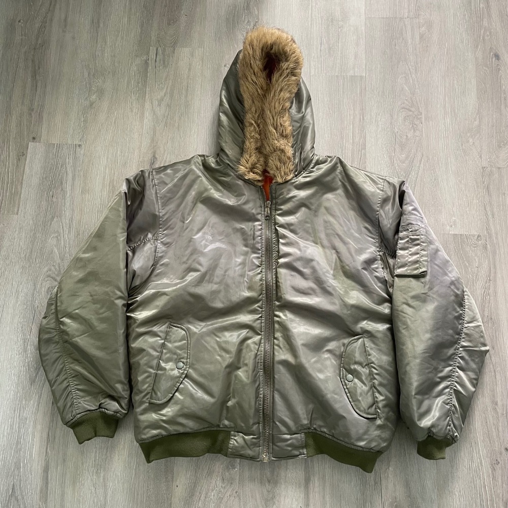 Arctic Pole Military Flight Jacket Mens XL Olive Green Good Faux Fur Hood Bomber